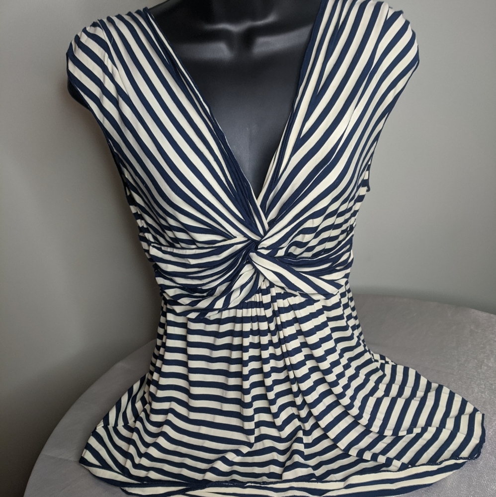 Max Studio Navy & White Striped Twist Front V-Neck Top Size M